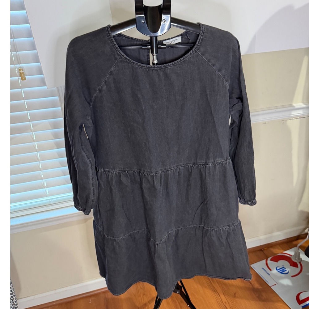 Beachlunchlounge Black Denim Tiered Mini Dress Long Sleeve WDD5211 Womens Large